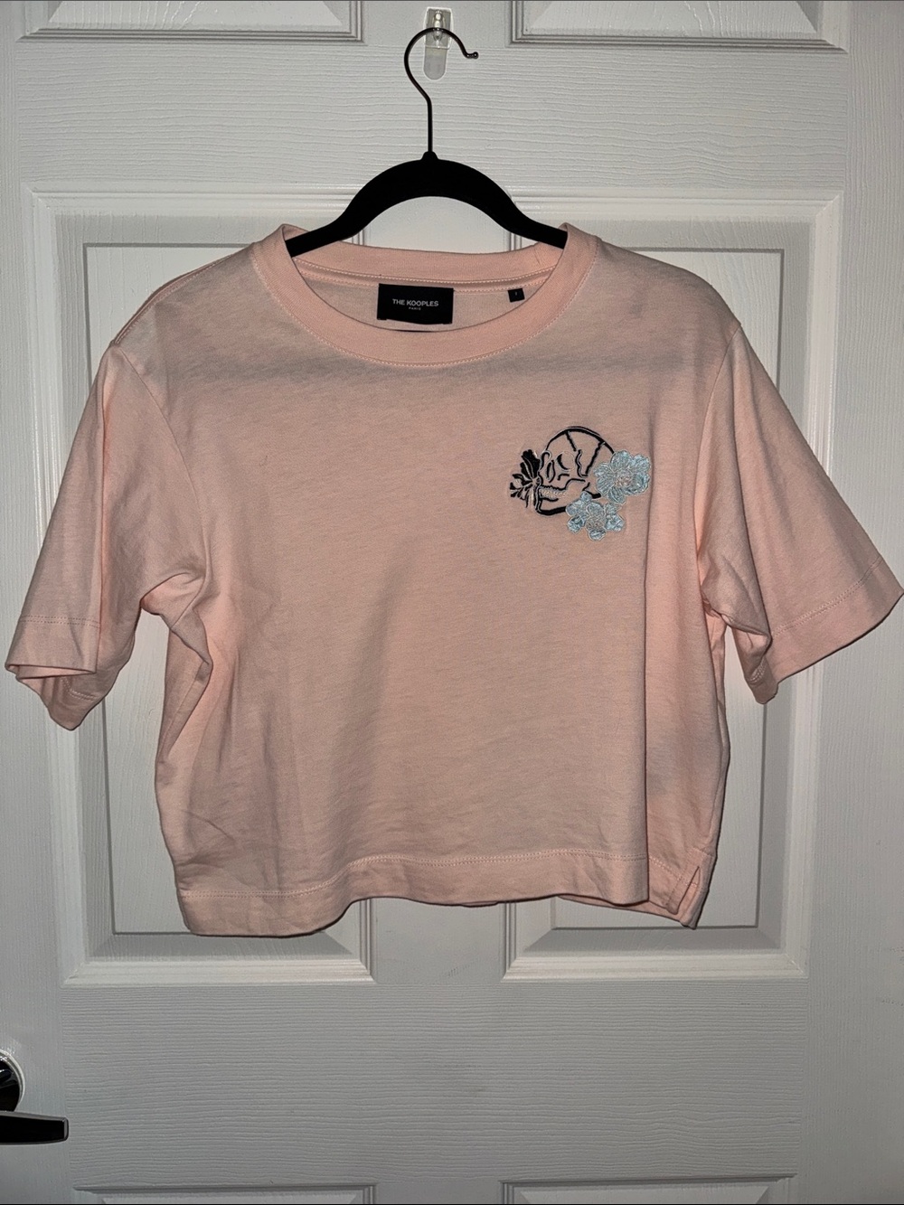 The Kooples Light Pink Cropped Tee with Blue Floral Skull Embroidery